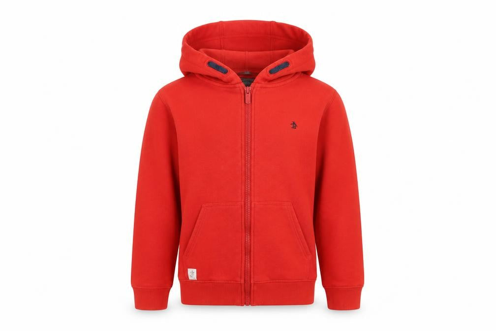 Front view of Original Penguin boys’ red hoodie jacket 12-13 years