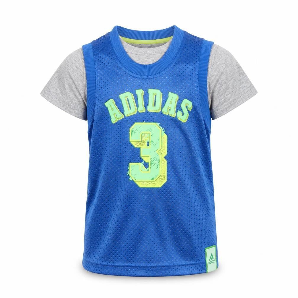 Front view of Adidas boys’ blue tank top jersey 5-6 years