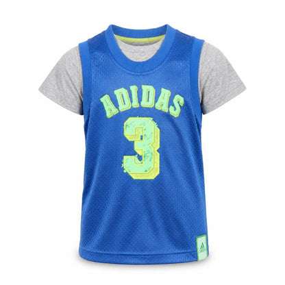 Front view of Adidas boys’ blue tank top jersey 5-6 years