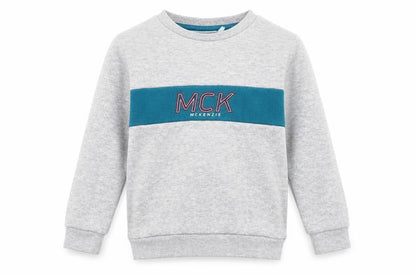 Front view of McKenzie boys’ grey sweatshirt 6 years pullover logo jersey