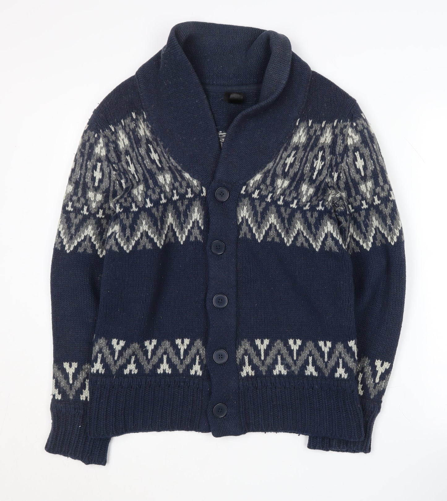 H&M Men's Blue Cardigan, Size M, Fair Isle Pattern