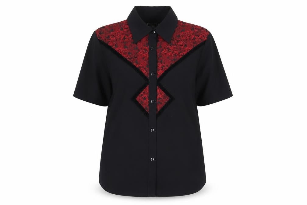 Front view of Silver Dollar unisex black button-up shirt, size 14