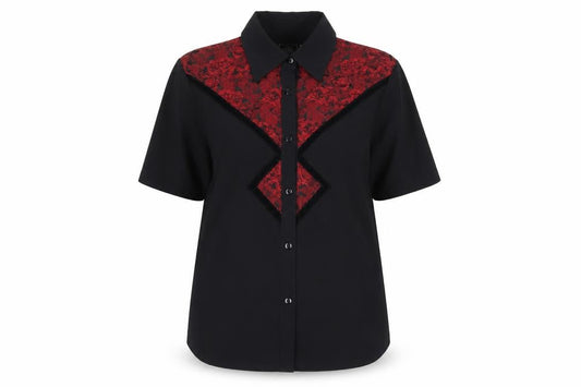 Front view of Silver Dollar unisex black button-up shirt, size 14