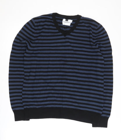 Topman Men's Black/Blue Striped Pullover Jumper, M