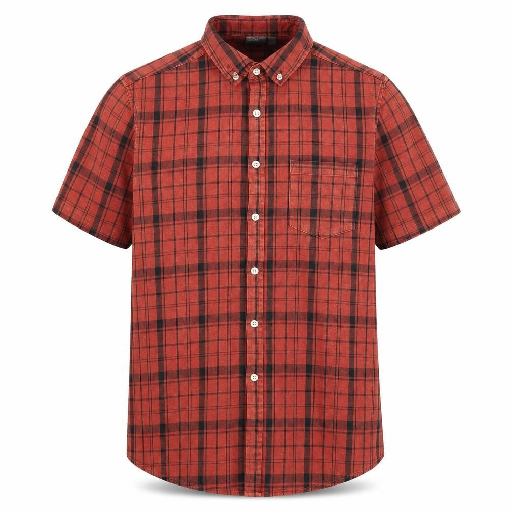 Front view of Asos Men's Red Plaid Short Sleeve Collared Shirt L