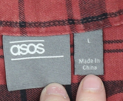 Asos Men's Red Plaid Short Sleeve Collared Shirt L
