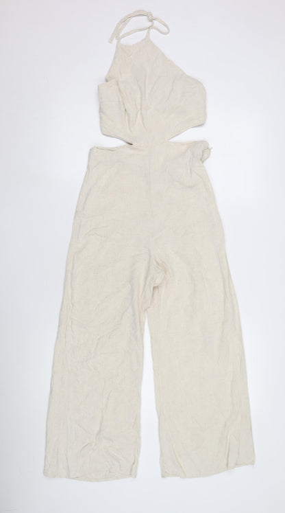 Stradivarius Women's Beige Linen Wide-Leg Halter Jumpsuit