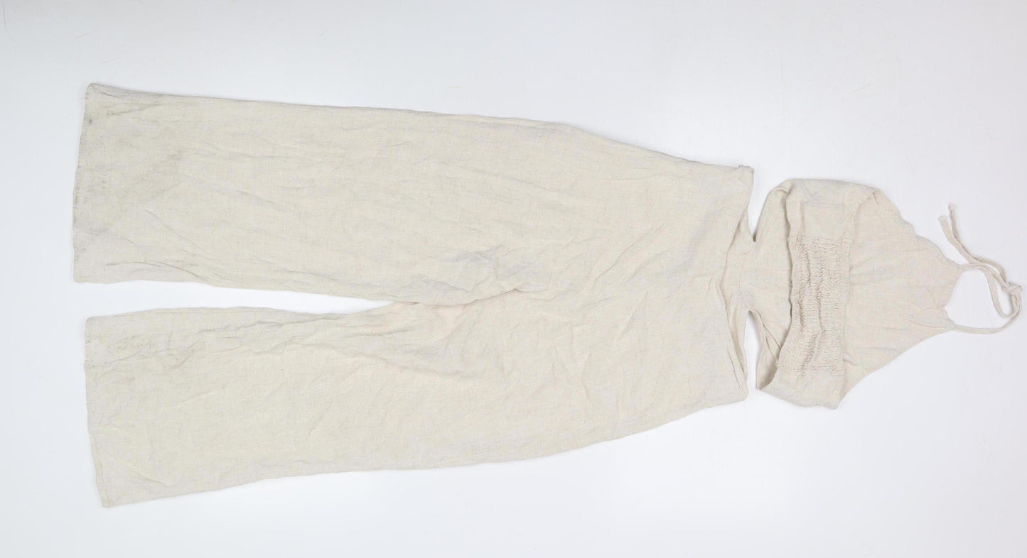 Stradivarius Women's Beige Linen Wide-Leg Halter Jumpsuit