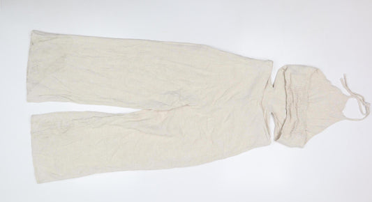 Stradivarius Women's Beige Linen Wide-Leg Halter Jumpsuit