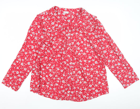 Damart Women's Red Floral Blouse - Size 12 Long Sleeve