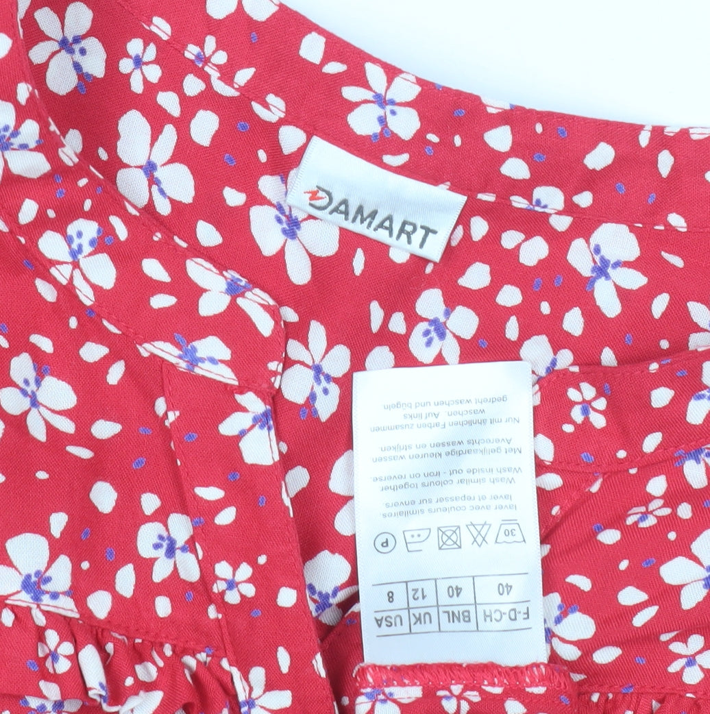 Damart Women's Red Floral Blouse - Size 12 Long Sleeve