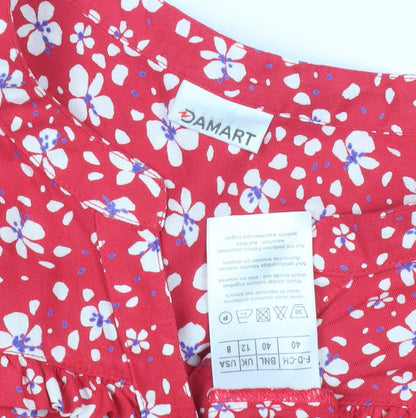 Damart Women's Red Floral Blouse - Size 12 Long Sleeve