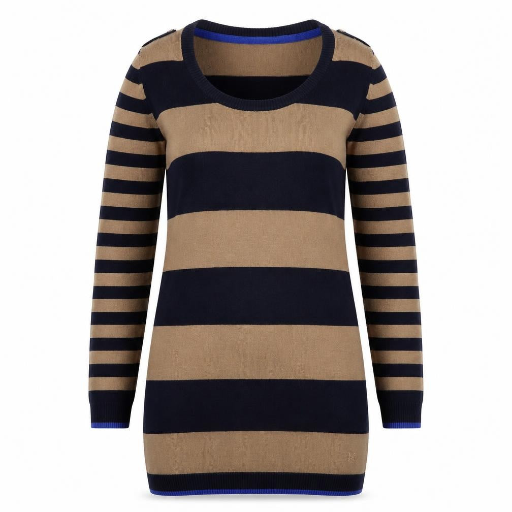 Front view of Crew Clothing Women's Striped jumper, size 12, Brown/Blue