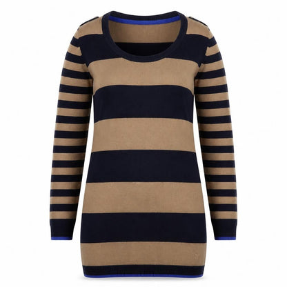 Front view of Crew Clothing Women's Striped jumper, size 12, Brown/Blue
