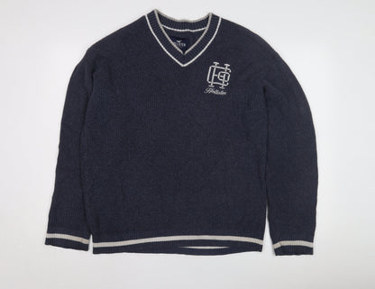 Hollister Men's Blue V-Neck Knit Jumper L, Logo Accent
