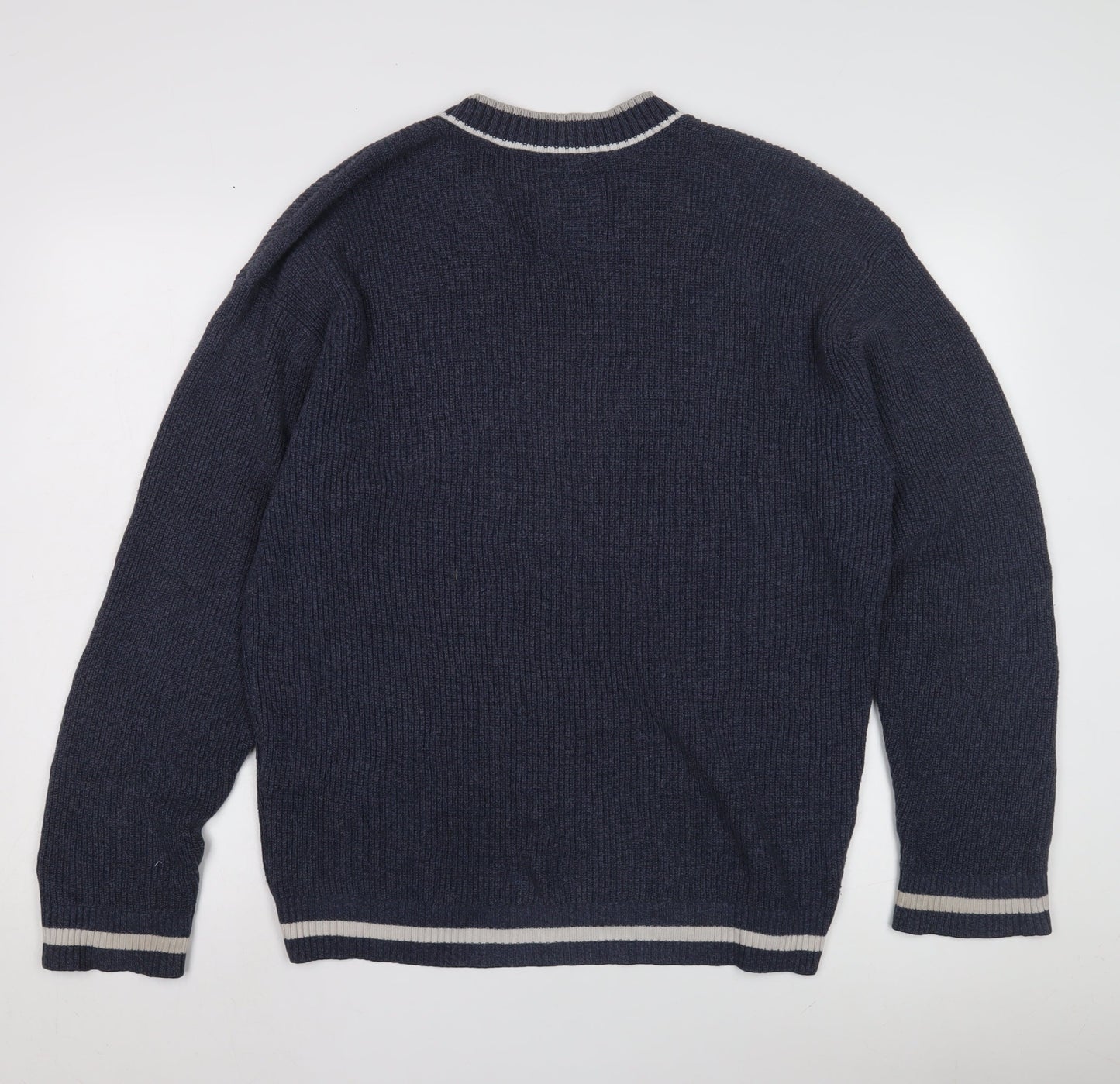 Hollister Men's Blue V-Neck Knit Jumper L, Logo Accent