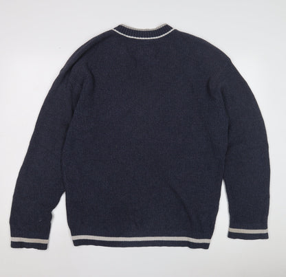 Hollister Men's Blue V-Neck Knit Jumper L, Logo Accent