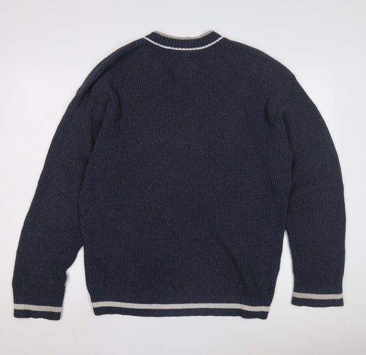 Hollister Men's Blue V-Neck Knit Jumper L, Logo Accent