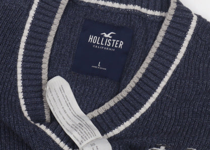 Hollister Men's Blue V-Neck Knit Jumper L, Logo Accent