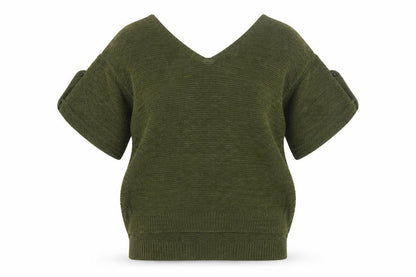 UTERQUE Women's Green V-Neck Short Sleeve Jumper L
