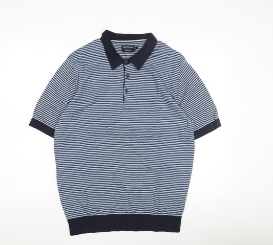 Greenwoods Men's Blue Striped Collared Pullover L