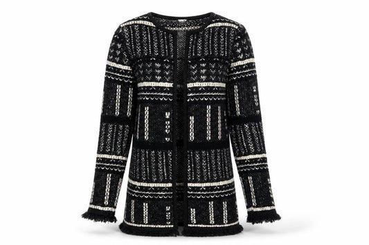 Front view of Miss Selfridge Women's Black Geometric Open Front Cardigan, size 8