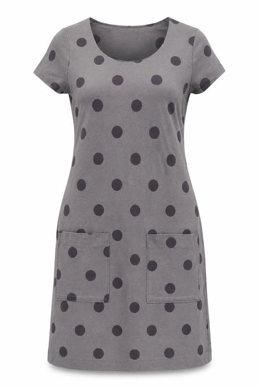 Front view of Boden Women's Grey Polka Dot Cotton Dress, size 10