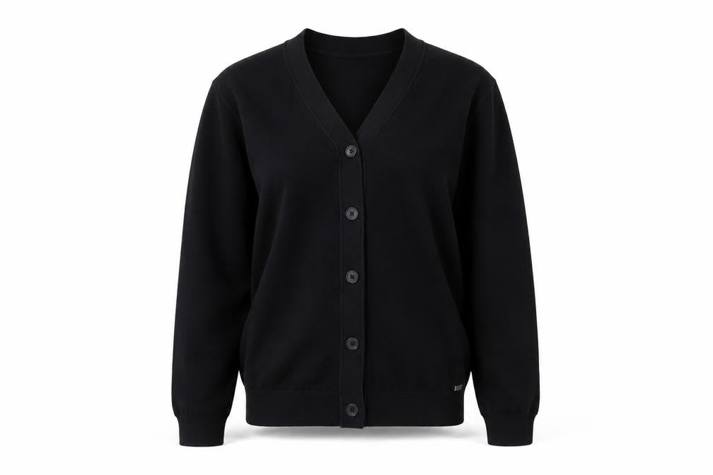 Front view of 2nd Chapter Black Cardigan, unisex, s, classic style