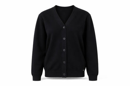 Front view of 2nd Chapter Black Cardigan, unisex, s, classic style