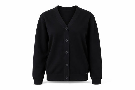 Front view of 2nd Chapter Black Cardigan, unisex, s, classic style