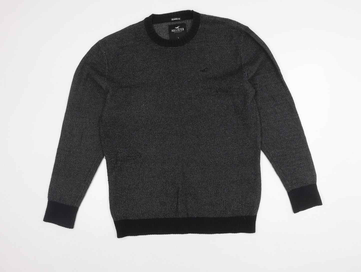 Hollister Men's L Pullover Jumper, Black Grey Knit, Relaxed Fit