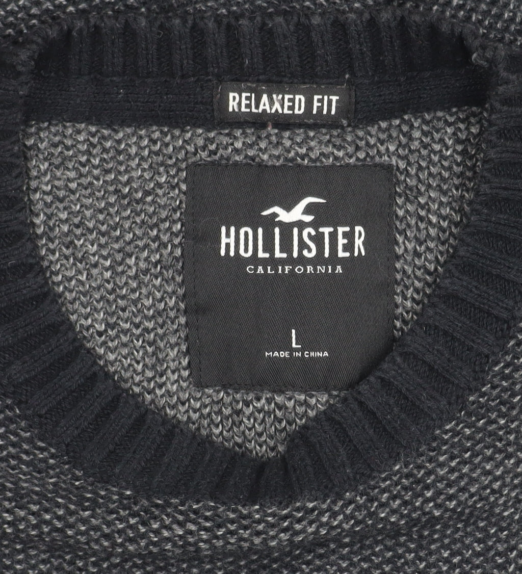 Hollister Men's L Pullover Jumper, Black Grey Knit, Relaxed Fit