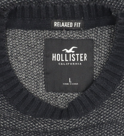 Hollister Men's L Pullover Jumper, Black Grey Knit, Relaxed Fit