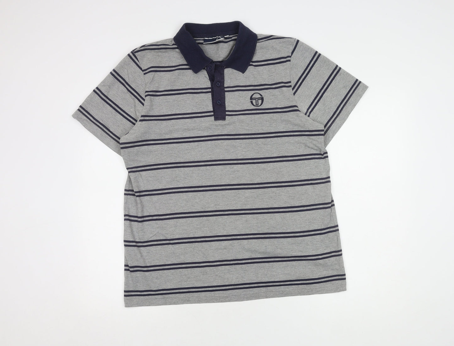 Sergio Tacchini Men's Grey Striped Polo L