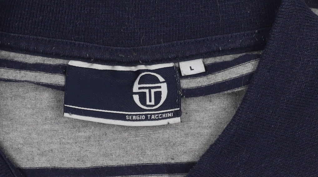 Sergio Tacchini Men's Grey Striped Polo L