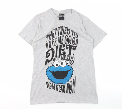 Sesame Street Men's Grey Cotton T-Shirt, S, Cartoon Print