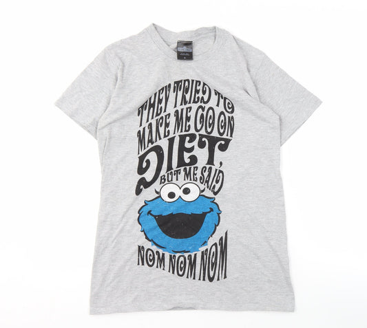 Sesame Street Men's Grey Cotton T-Shirt, S, Cartoon Print