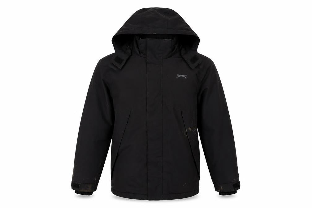Front view of Slazenger boys’ black hooded winter jacket 9-10 years