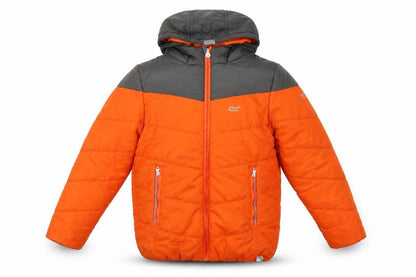 Front view of Regatta boys’ orange puffer jacket, hooded, size 13, years