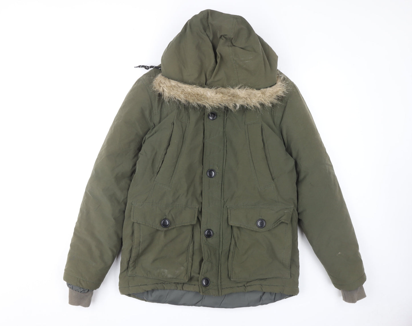 Avenue Men's Green Parka Jacket S with Hood and Fur Trim 36-38"