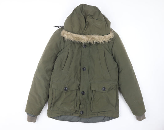 Avenue Men's Green Parka Jacket S with Hood and Fur Trim 36-38"