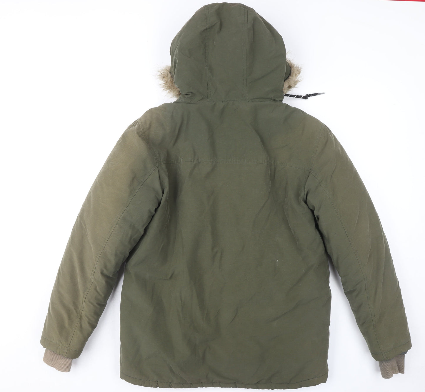 Avenue Men's Green Parka Jacket S with Hood and Fur Trim 36-38"