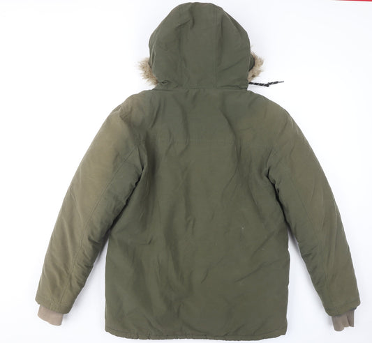 Avenue Men's Green Parka Jacket S with Hood and Fur Trim 36-38"