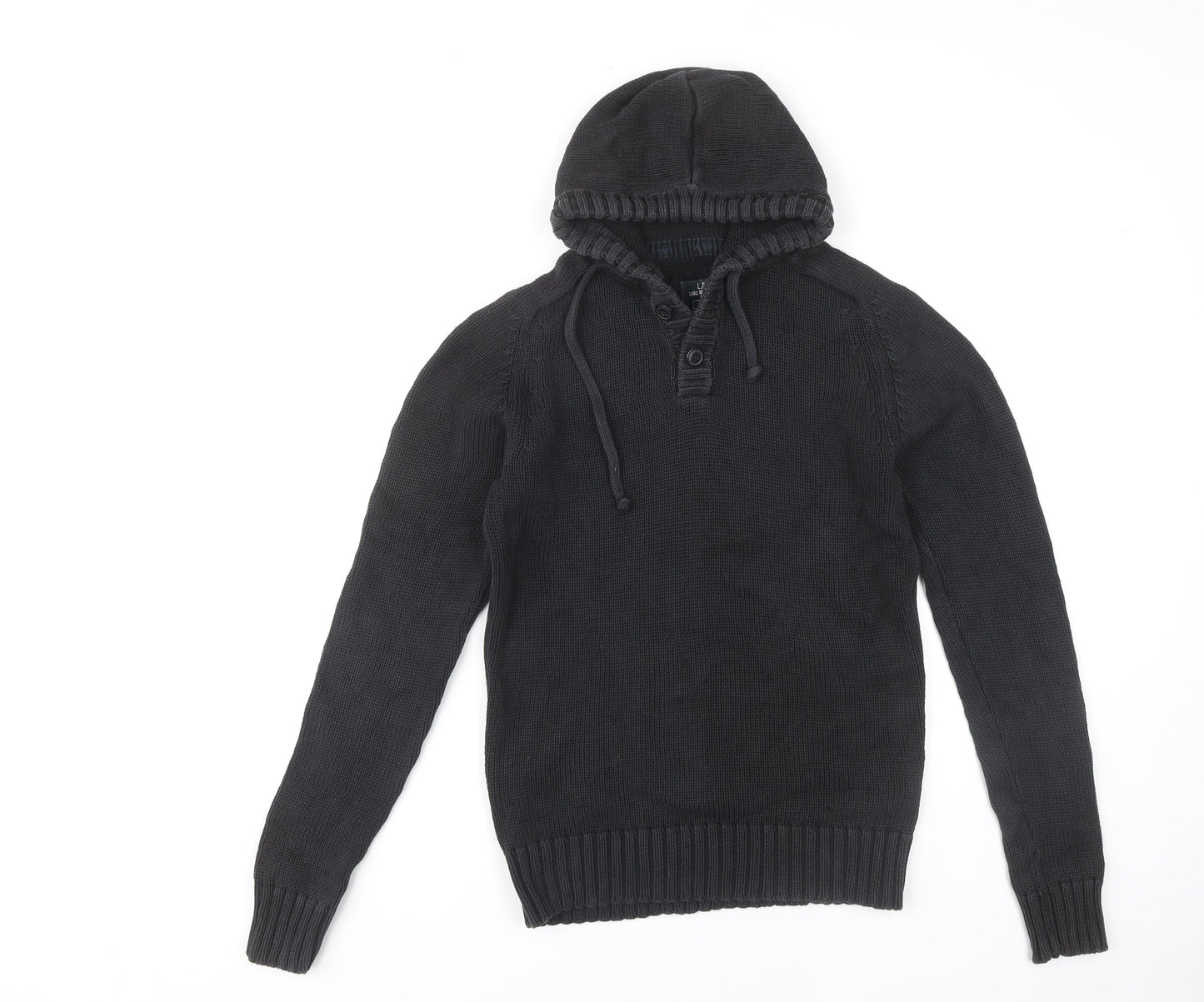 H&M Men's Black Hooded Henley Jumper Size S