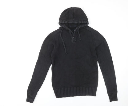 H&M Men's Black Hooded Henley Jumper Size S