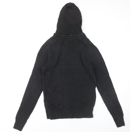 H&M Men's Black Hooded Henley Jumper Size S