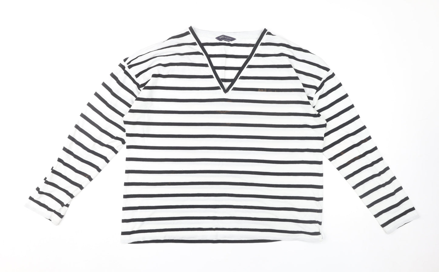 Marks and Spencer Women's White V-Neck Striped Top 16