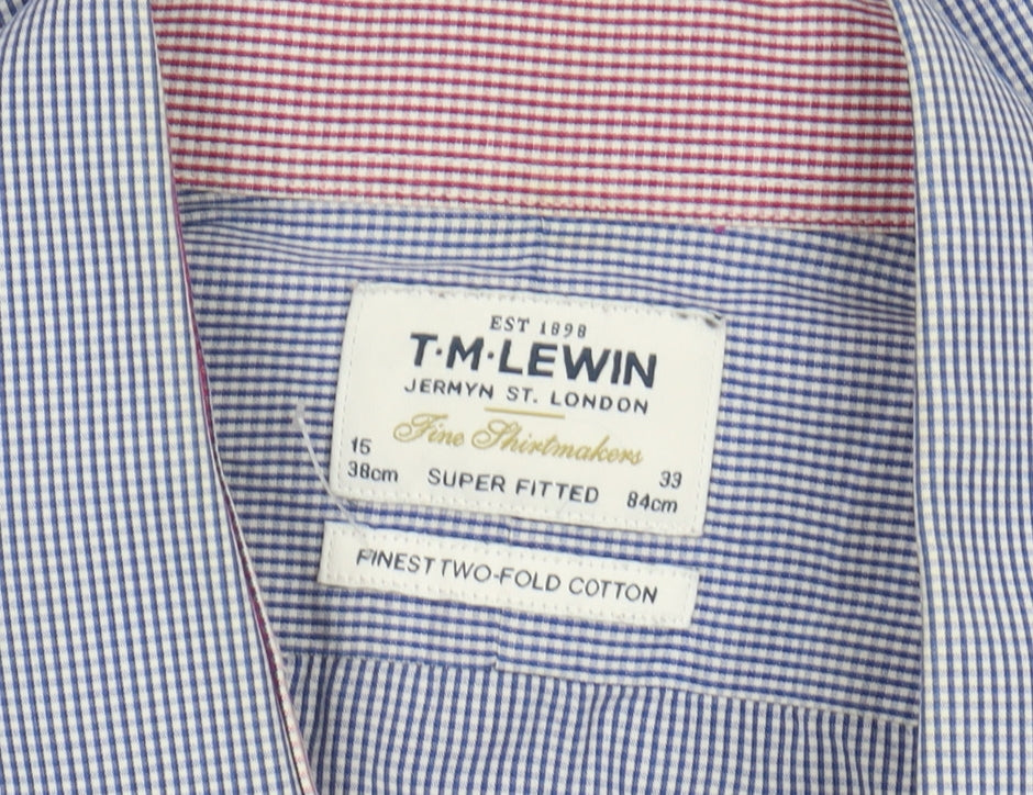 T.M. Lewin Men's Checkered Blue Long Sleeve Shirt Size 15