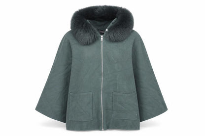 Maveic Women's Green Cape Jumper with Fur Trim, M