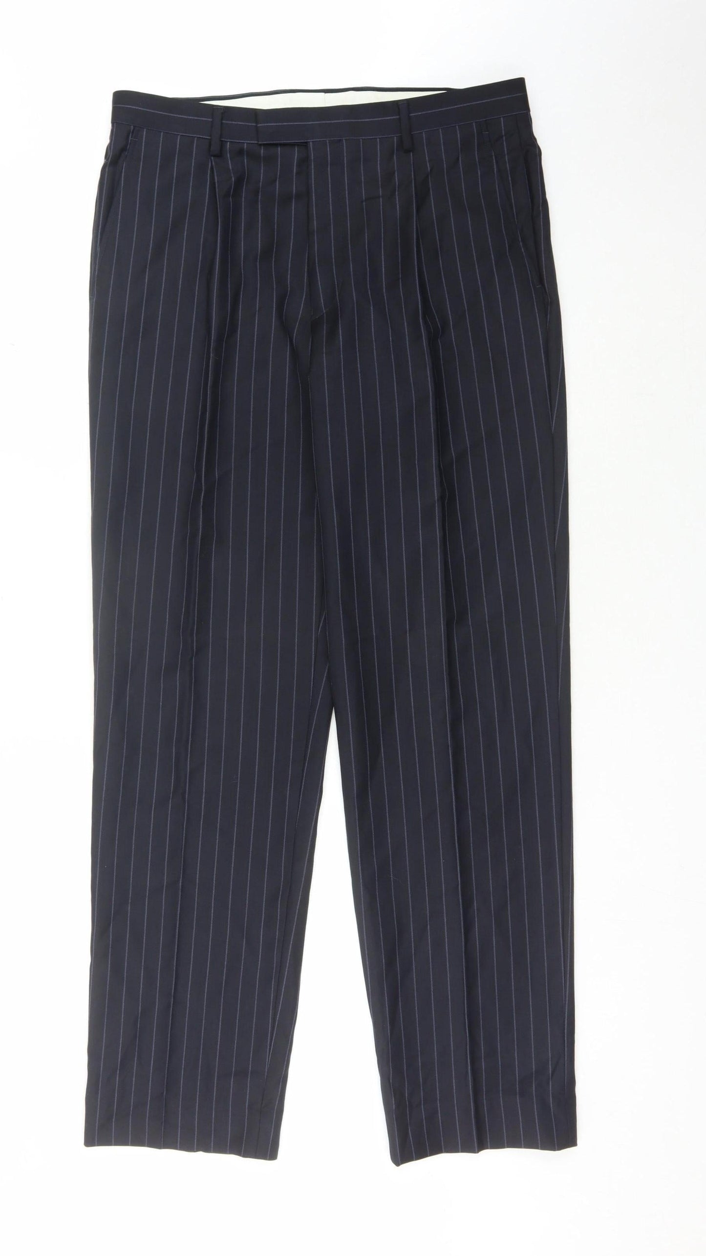 Marks and Spencer Men's Blue Wool Striped Trousers